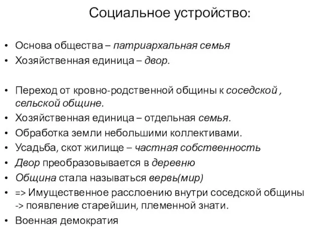 Социальное устройство: Основа общества – патриархальная семья Хозяйственная единица –