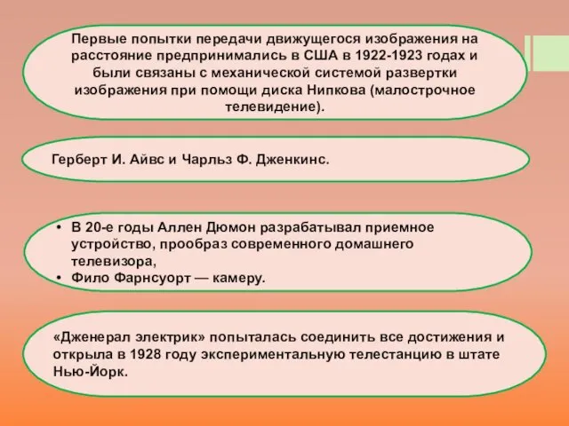 Первые попытки передачи движущегося изображения на расстояние предпринимались в США