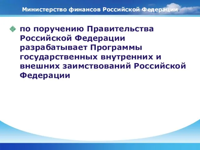 Министерство финансов Российской Федерации по поручению Правительства Российской Федерации разрабатывает Программы государственных внутренних