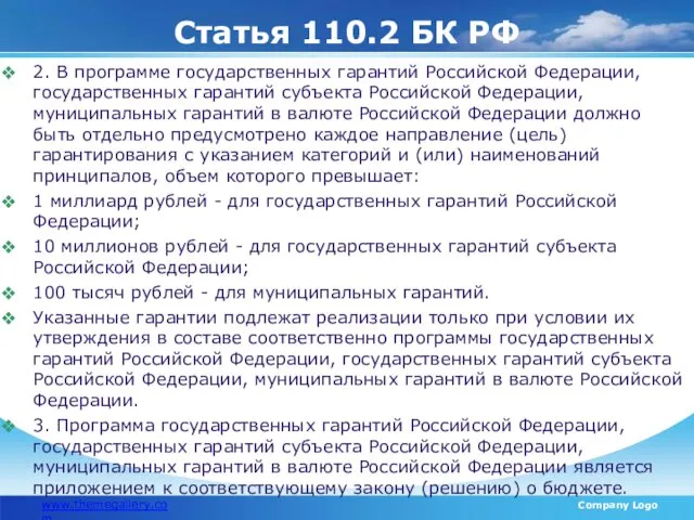 Статья 110.2 БК РФ www.themegallery.com Company Logo 2. В программе государственных гарантий Российской
