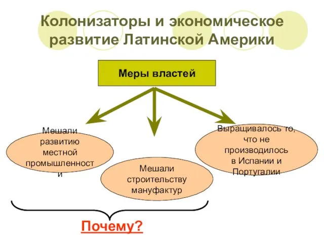 Колонизаторы и экономическое развитие Латинской Америки Меры властей Мешали развитию