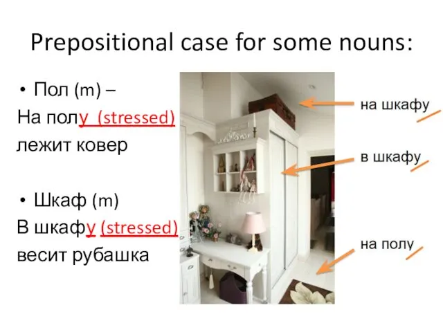 Prepositional case for some nouns: Пол (m) – На полу