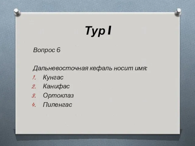 Тур I Вопрос 6 Дальневосточная кефаль носит имя: Кунгас Канифас Ортоклаз Пиленгас