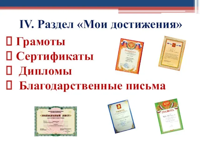 IV. Раздел «Мои достижения» Грамоты Сертификаты Дипломы Благодарственные письма