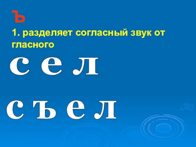 с ъ е л с е л Ъ 1. разделяет согласный звук от гласного