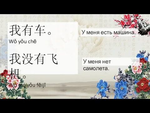 我有车。 Wǒ yǒu chē 我没有飞机。 Wǒ méiyǒu fēijī У меня есть машина. У меня нет самолета.