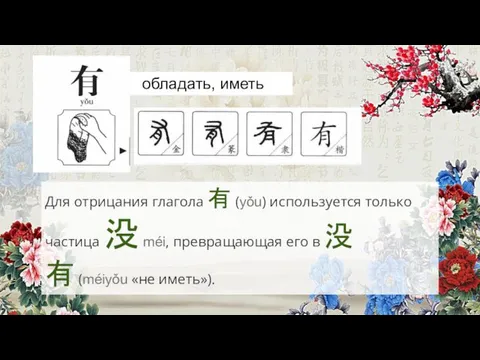 обладать, иметь Для отрицания глагола 有 (yǒu) используется только частица