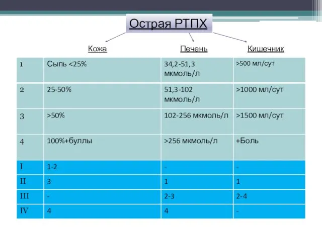 Острая РТПХ Кишечник Печень Кожа
