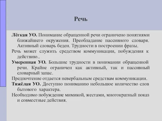 Речь Лёгкая УО. Понимание обращенной речи ограничено понятиями ближайшего окружения.