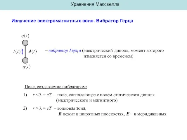 Уравнения Максвелла Излучение электромагнитных волн. Вибратор Герца – вибратор Герца (электрический диполь, момент