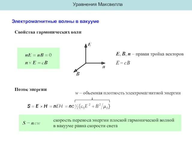 Уравнения Максвелла Электромагнитные волны в вакууме Свойства гармонических волн E,