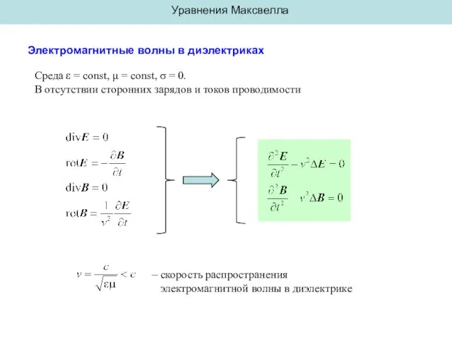 Уравнения Максвелла Электромагнитные волны в диэлектриках Среда ε = const, μ = const,