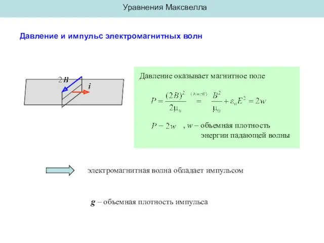 Уравнения Максвелла Давление и импульс электромагнитных волн Давление оказывает магнитное поле , w
