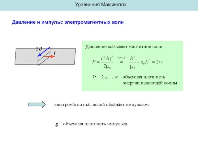 Уравнения Максвелла Давление и импульс электромагнитных волн Давление оказывает магнитное