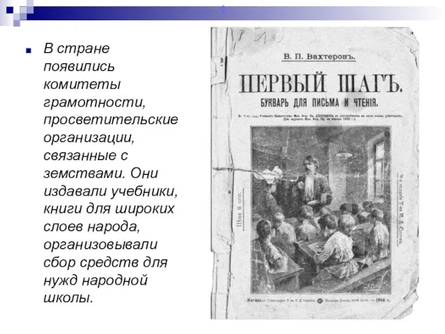 В стране появились комитеты грамотности, просветительские организации, связанные с земствами.