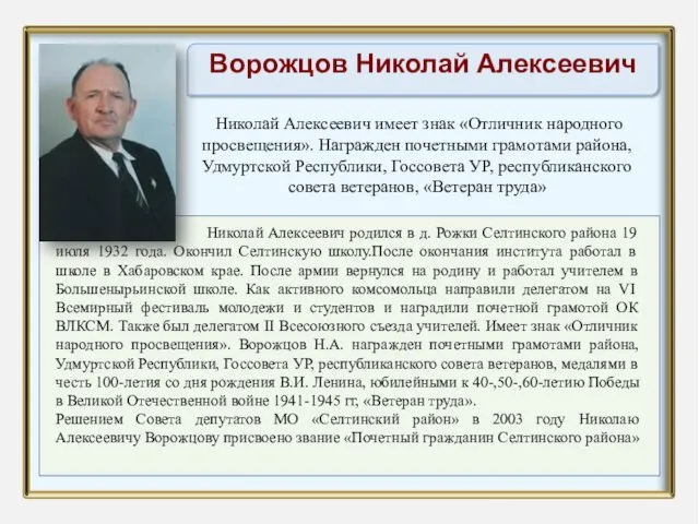 Николай Алексеевич родился в д. Рожки Селтинского района 19 июля