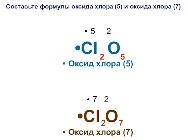 Составьте формулы оксида хлора (5) и оксида хлора (7) 5