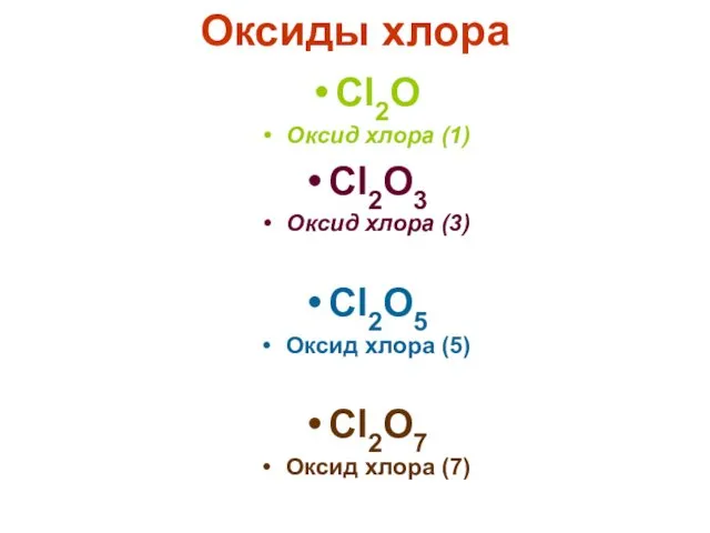 Оксиды хлора Cl2O Оксид хлора (1) Cl2O3 Оксид хлора (3)