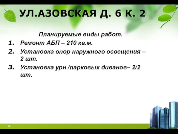 УЛ.АЗОВСКАЯ Д. 6 К. 2 Планируемые виды работ. Ремонт АБП