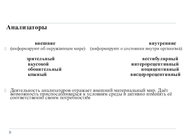 Анализаторы внешние внутренние (информируют об окружающем мире) (информируют о состоянии