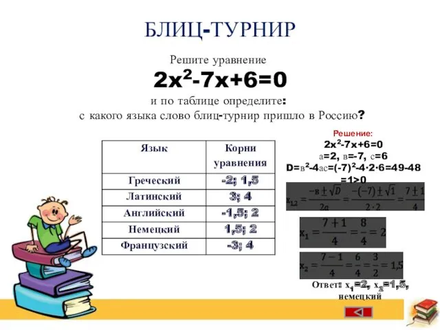 БЛИЦ-ТУРНИР Решите уравнение 2x2-7x+6=0 и по таблице определите: с какого