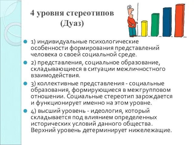 4 уровня стереотипов (Дуаз) 1) индивидуальные психологические особенности формирования представлений