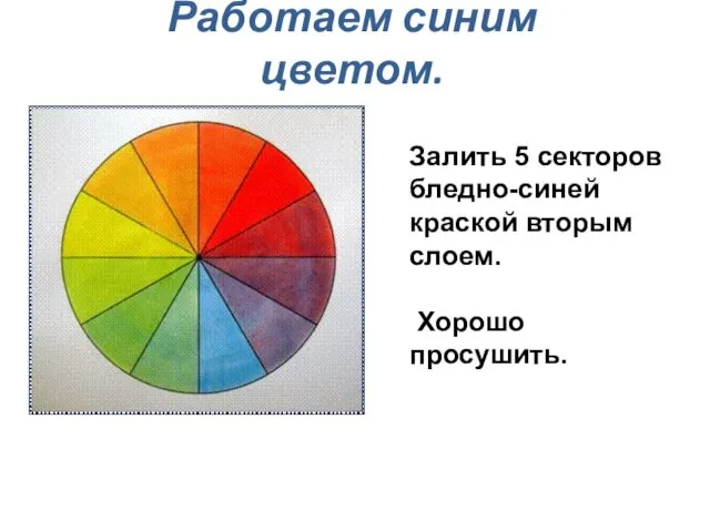 Работаем синим цветом. Залить 5 секторов бледно-синей краской вторым слоем. Хорошо просушить.