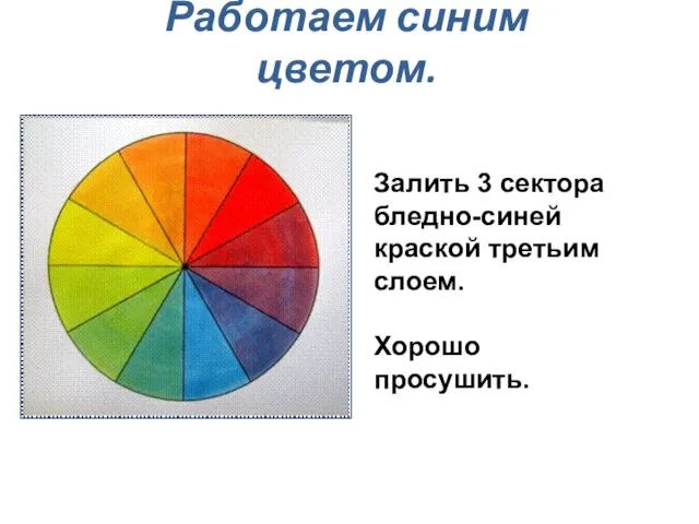 Работаем синим цветом. Залить 3 сектора бледно-синей краской третьим слоем. Хорошо просушить.