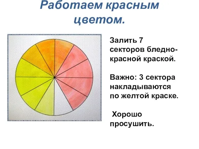 Работаем красным цветом. Залить 7 секторов бледно-красной краской. Важно: 3