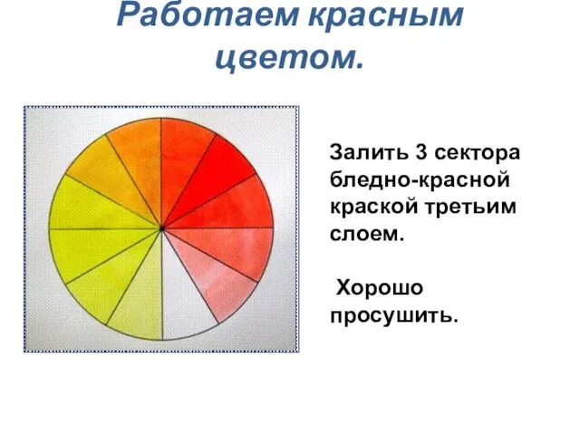 Работаем красным цветом. Залить 3 сектора бледно-красной краской третьим слоем. Хорошо просушить.