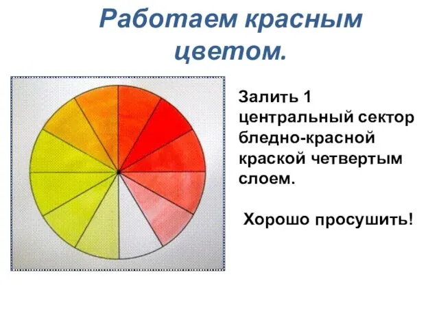 Работаем красным цветом. Залить 1 центральный сектор бледно-красной краской четвертым слоем. Хорошо просушить!