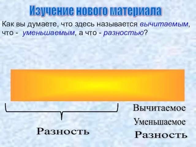 6 - 4 = 2 Уменьшаемое Вычитаемое Разность Разность Изучение