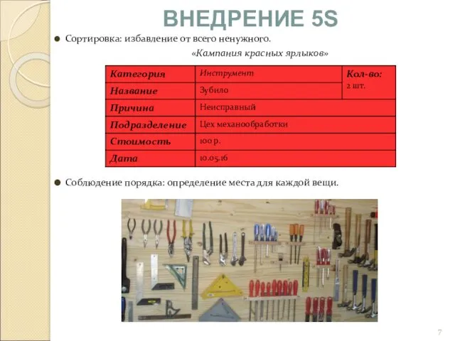 Сортировка: избавление от всего ненужного. «Кампания красных ярлыков» ВНЕДРЕНИЕ 5S