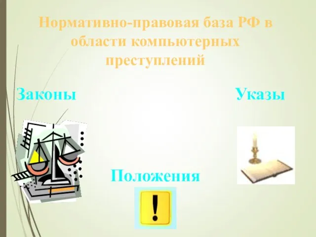 Нормативно-правовая база РФ в области компьютерных преступлений Законы Указы Положения