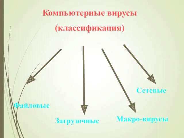 Компьютерные вирусы (классификация) Файловые Загрузочные Макро-вирусы Сетевые