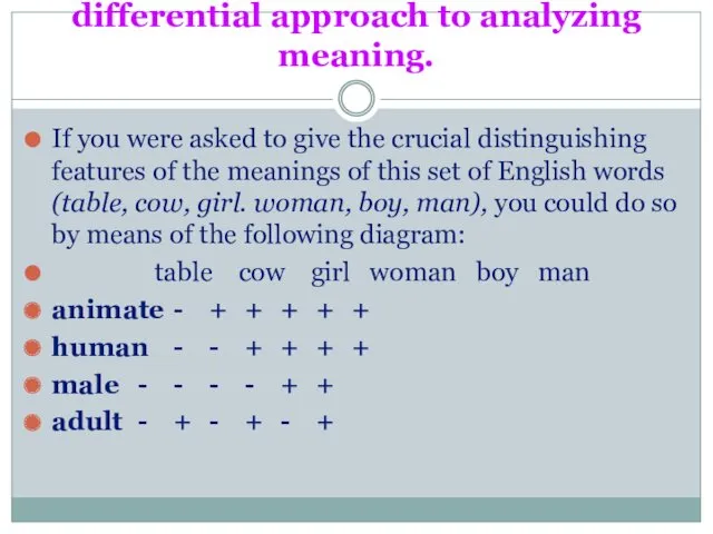 differential approach to analyzing meaning. If you were asked to give the crucial