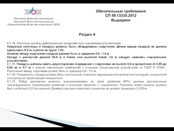 Ленинская районная организация Кировской областной организации «Всероссийское общество инвалидов» (ВОИ) Раздел 4 Обязательные