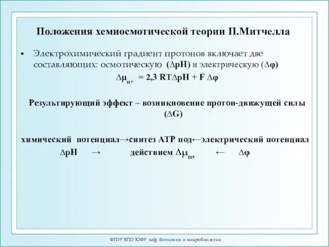 Положения хемиосмотической теории П.Митчелла Электрохимический градиент протонов включает две составляющих: