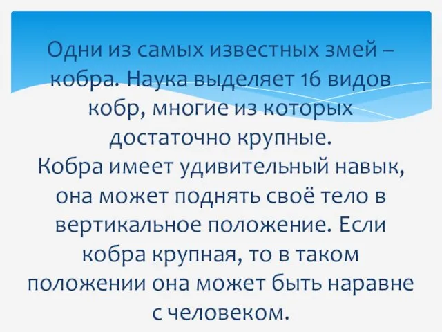 Одни из самых известных змей – кобра. Наука выделяет 16 видов кобр, многие