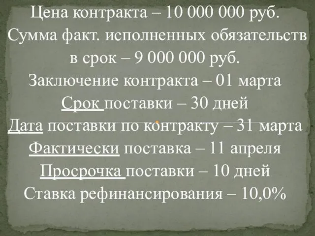 Цена контракта – 10 000 000 руб. Сумма факт. исполненных