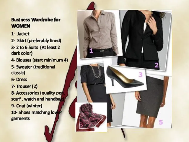 Business Wardrobe for WOMEN 1- Jacket 2- Skirt (preferably lined)