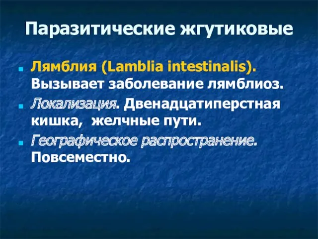 Паразитические жгутиковые Лямблия (Lamblia intestinalis). Вызывает заболевание лямблиоз. Локализация. Двенадцатиперстная кишка, желчные пути. Географическое распространение. Повсеместно.