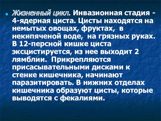 Жизненный цикл. Инвазионная стадия - 4-ядерная циста. Цисты находятся на