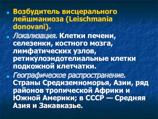 Возбудитель висцерального лейшманиоза (Leischmania donovani). Локализация. Клетки печени, селезенки, костного