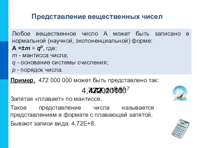 Представление вещественных чисел Любое вещественное число А может быть записано