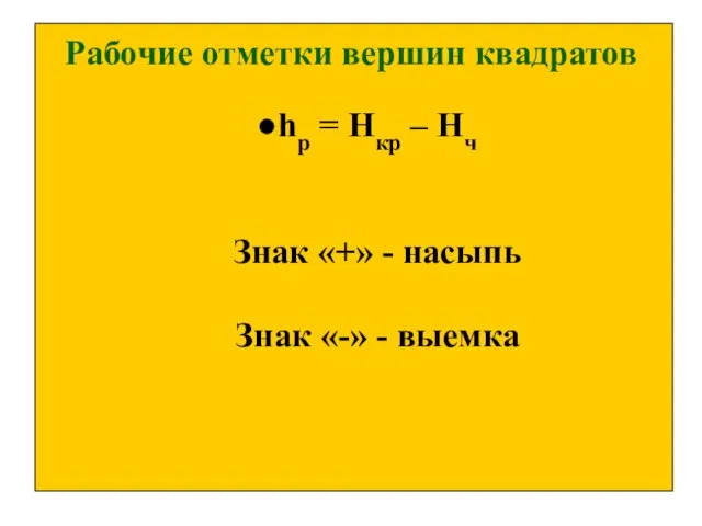 Рабочие отметки вершин квадратов hр = Нкр – Нч Знак