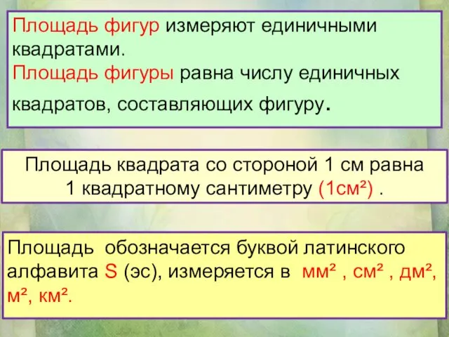 Площадь обозначается буквой латинского алфавита S (эс), измеряется в мм²