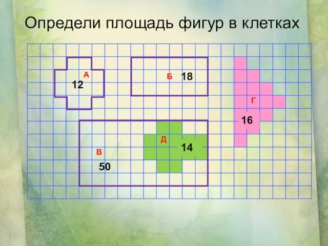 Б Определи площадь фигур в клетках 12 50 14 16 18