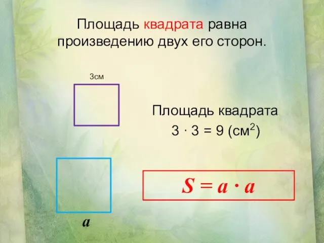 Площадь квадрата 3 ∙ 3 = 9 (см2) 3см S