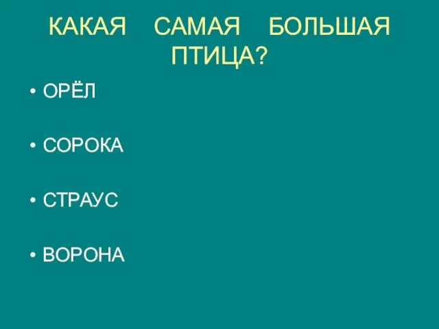 КАКАЯ САМАЯ БОЛЬШАЯ ПТИЦА? ОРЁЛ СОРОКА СТРАУС ВОРОНА